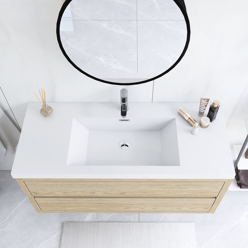 Meuble-lavabo mural simple 48 po avec comptoir en pierre composite intégré, Oak Natural Wood