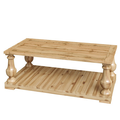Farmhouse 2-Tier Coffee Table with Storage Shelf, Solid Wood Turned Legs Rustic Natural Wood Center Table for Living Room