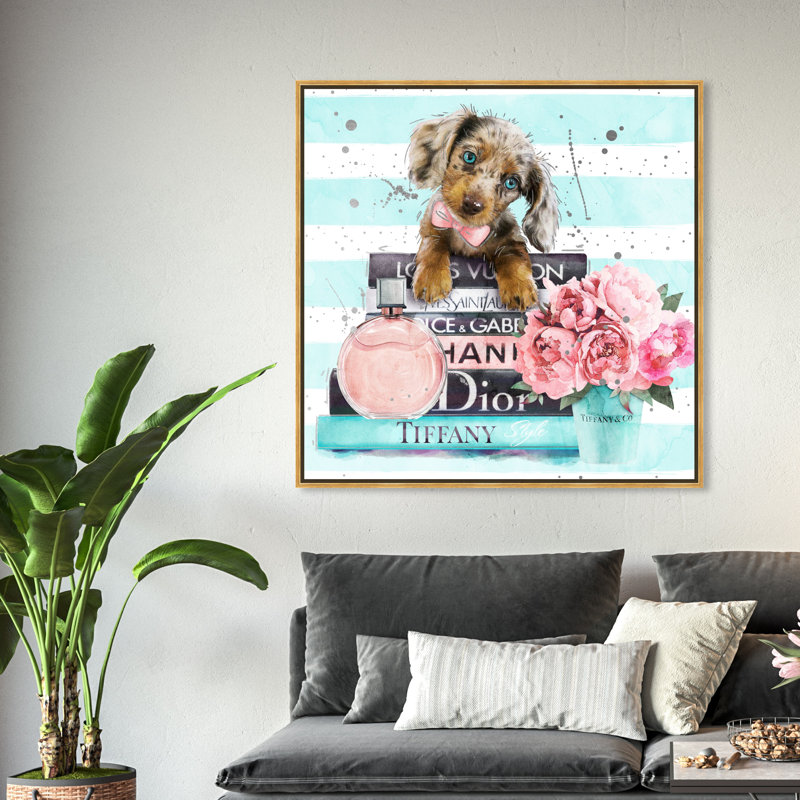 «Doxie Mint Blue», impression sur toile, H 40 po x l 40 po, Cadre flottant doré