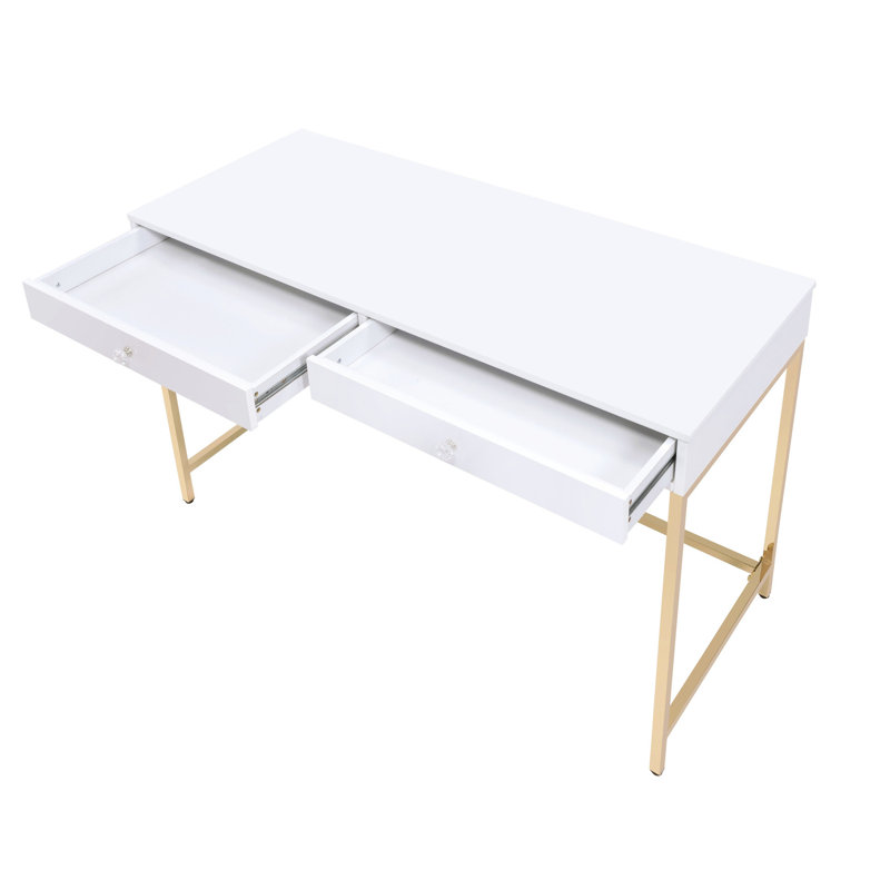 Bureau moderne blanc brillant avec tiroirs de rangement pratiques et structure de support en métal doré
