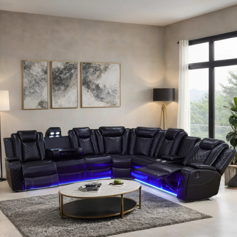 3-Pieces 210”Breathing Leather Power Reclining Theater Sectional with LED Lighting, Black