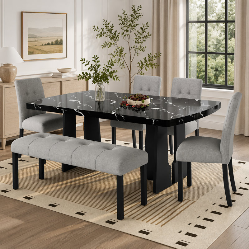 Ensemble de salle à manger 6 pièces moderne en faux marbre avec pieds géométriques, 4 chaises rembourrées et 1 banc, facile à assembler, noir et gris