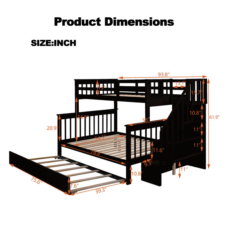 Twin-Over-Full Bunk Bed With Twin Size Trundle, Black