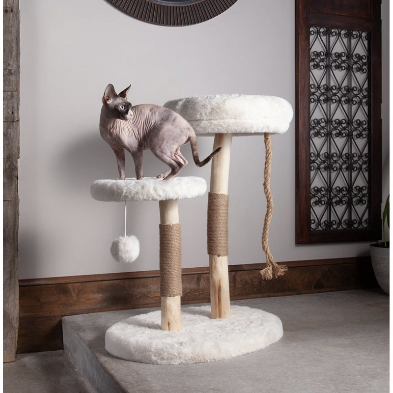 The Oasis 3-Level White Faux Fur Cat Tree with Hemp Rope