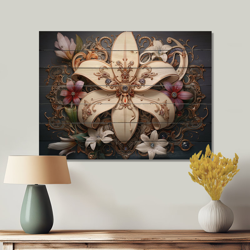 Fleur-De-Lis, une fleur de lis stylisée I sur bois, H 10 po x l 20 po x P 0,78 po