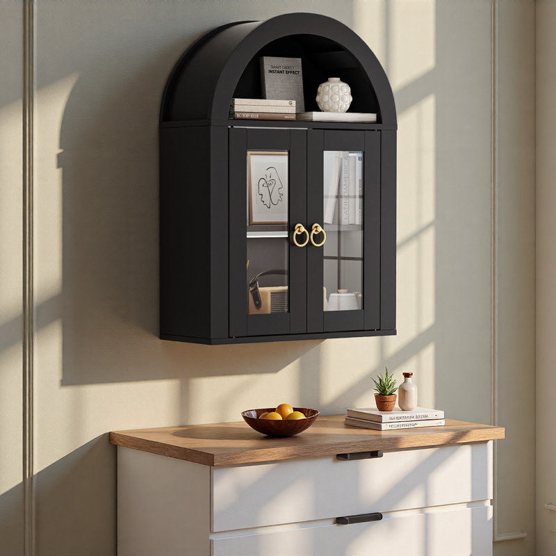 Armoire murale arquée avec portes en verre, tablettes légères et réglables pour la salle de lavage et la salle de bain, Noir