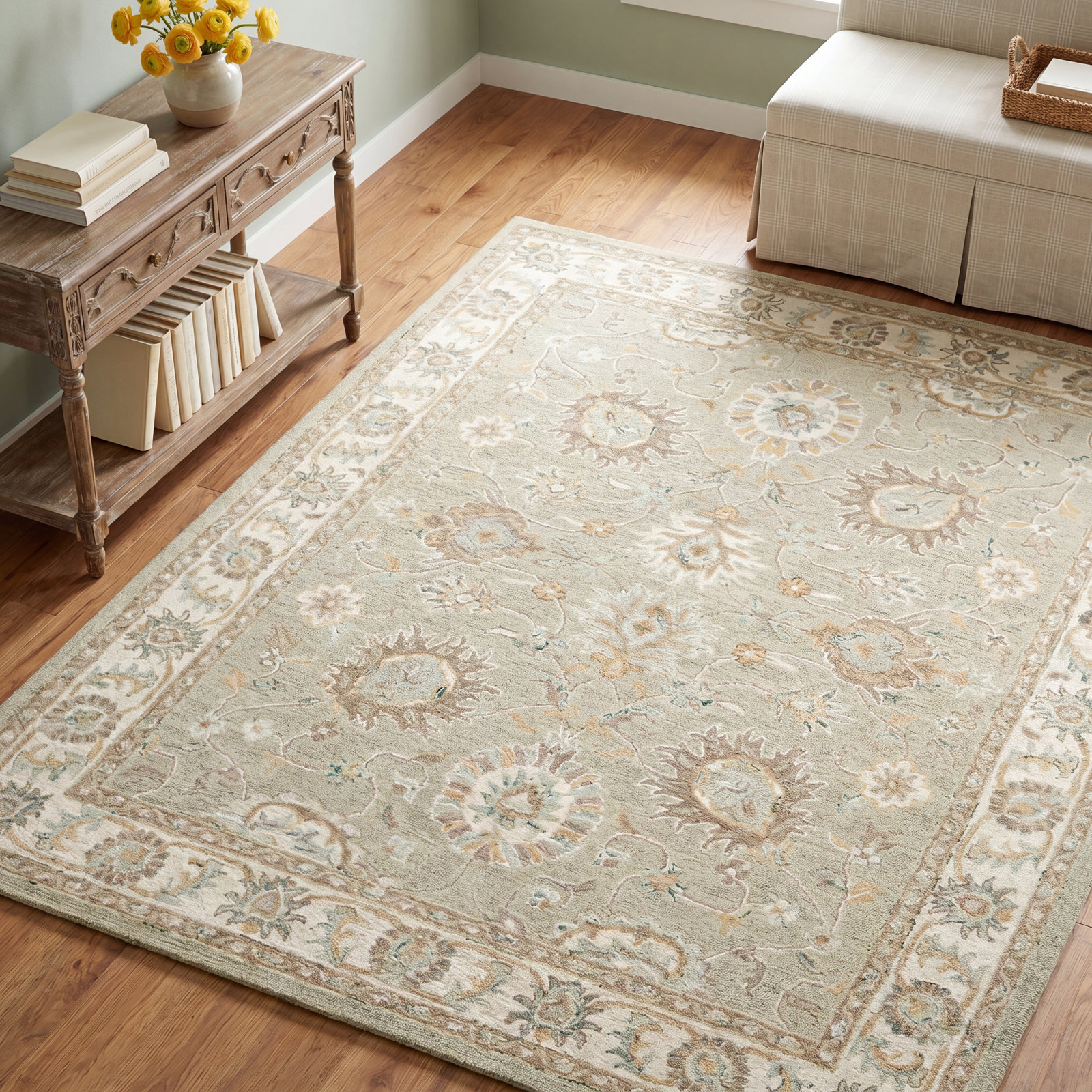 Desmondia Sage Ivory Hand-Tufted Wool Oriental Rug, Rectangle 9' x 12'