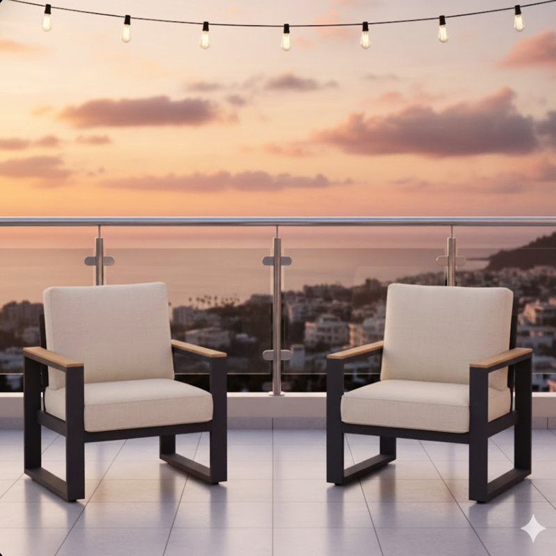 De 2 fauteuils de patio en aluminium avec coussins beiges épais, structure en fondu, siège profond et imperméable, idéal pour les terrasses de patio