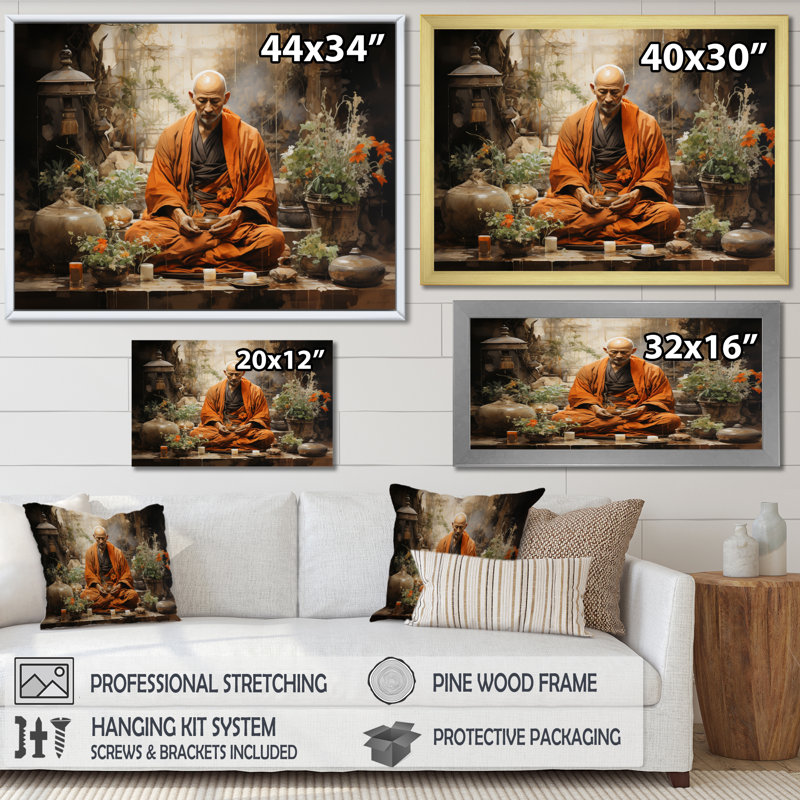 «China Monks Meditation» sur impression sur toile, Toile tendue, H 34 po x l 44 po x P 1,5 po