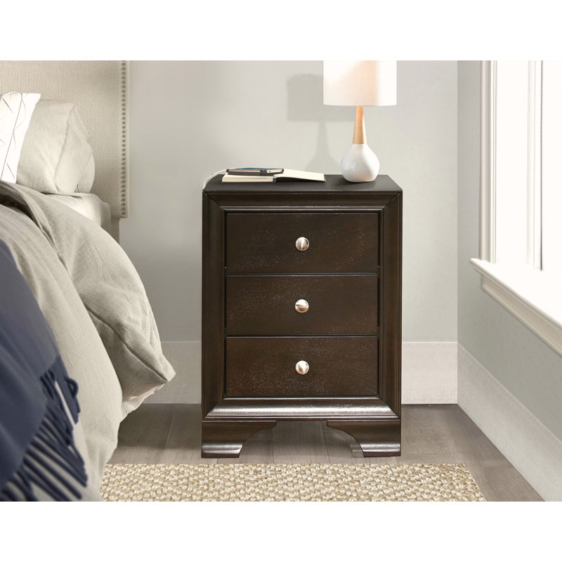 Table de chevet 3 tiroirs avec 2 ports USB, Brun