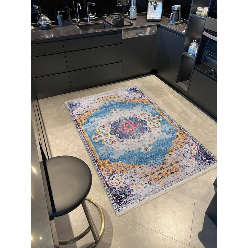 Tapis décoratif rétro à motif bleu et jaune, Tapis de couloir 3 pi 3,37 po x 9 pi 10,11 po