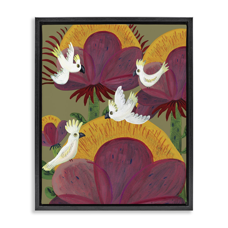 Cadre flottant tropical cacatoès et plantes, design par Kay Widdowson, Cadre flottant noir de jais, H 21 po x l 17 po