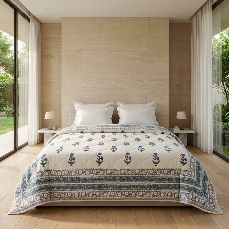 House of Avana Cream & Rose Pink Botanical Floral Jaipur Indian Hand Block Print Quilted Comforter, King