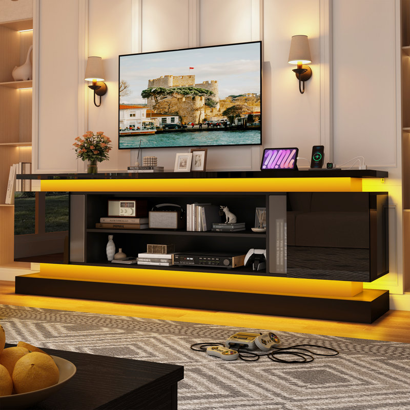 Modern Tv Stand With Led Lights & Built-In Power Outlet – High Gloss Media Console For Tvs Up To 80", Gaming Entertainment Center,  For Living Room,Bedroom