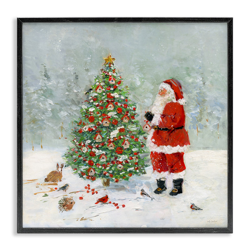Père Noël avec cabane à oiseaux, estampe numérique par Sally Swatland, Giclée encadrée noir minuit, H 17 po x l 17 po