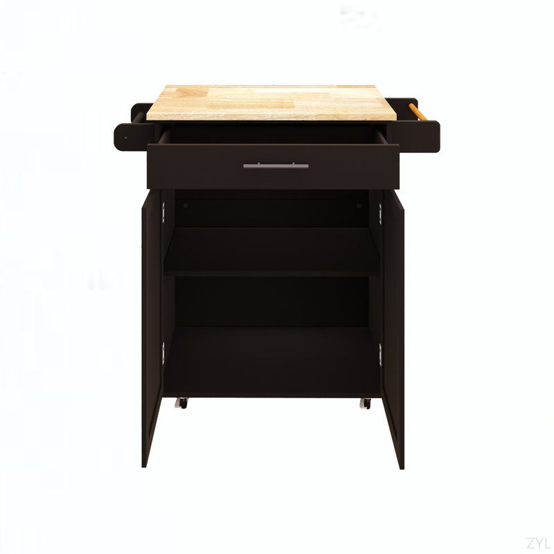 Chariot à roulettes pour îlot de cuisine avec 1 tiroir et 2 portes avec tablettes réglables, porte-serviettes et plateau en bois d'hévéa