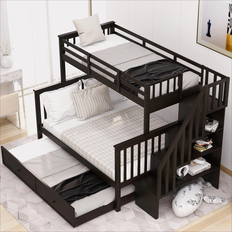 Lit superposé simple au-dessus d'un lit double en bois massif avec lit gigogne simple, rangement intégré et garde-corps, ton brun pour chambre à coucher et dortoir