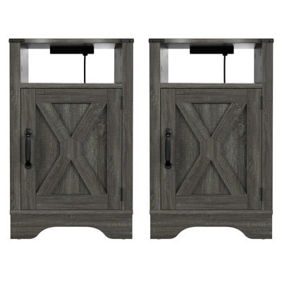 Rustic Electrical Outlets Side Table - Gray. Ul Charging Station. Wooden End With Spacious Storage. Metal Hinges, Magnetic Latch. & Engineered Wood. Easy Assembly. 2 Units Nightstand For Hinges To