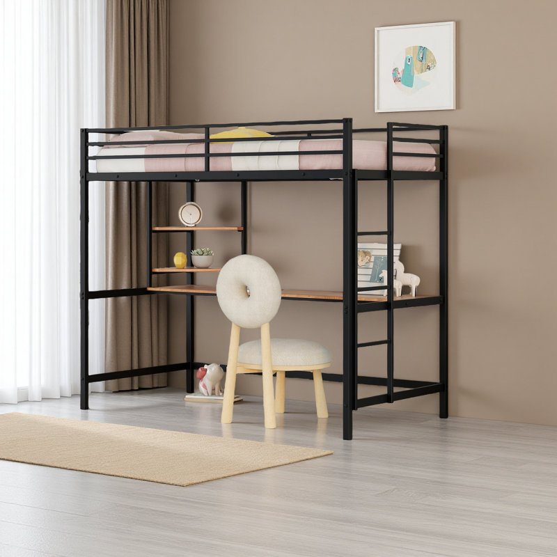 Lit mezzanine en métal avec bureau et tablette, Noir, noir, noir, noir, Lit double