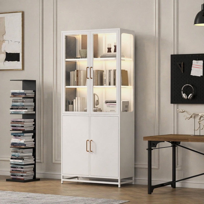 Vitrine de 76,75 pouces de hauteur en acier moderne avec portes en verre, lumières DEL et rangement polyvalent pour la maison et le bureau - Blanc
