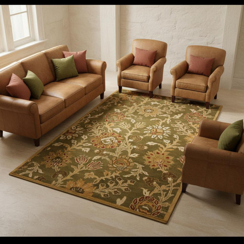 Medford Authentic Hand-Tufted Handmade Olive Green, Gold, Terracotta & Ivory Traditional All-over Botanical Scrolling Floral Wool Area Rug