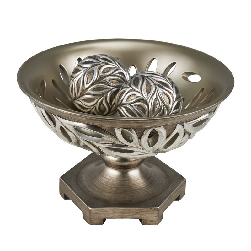 Bol à piédestal décoratif en polyrésine à feuille d'argent 13 po avec orbes