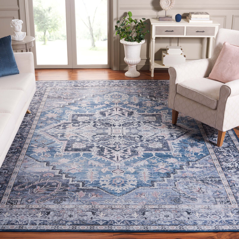 Tucson Vintage Look Machine Washable Non-Slip Area Rug in Blue & Navy, Rectangle 244 x 305 cm