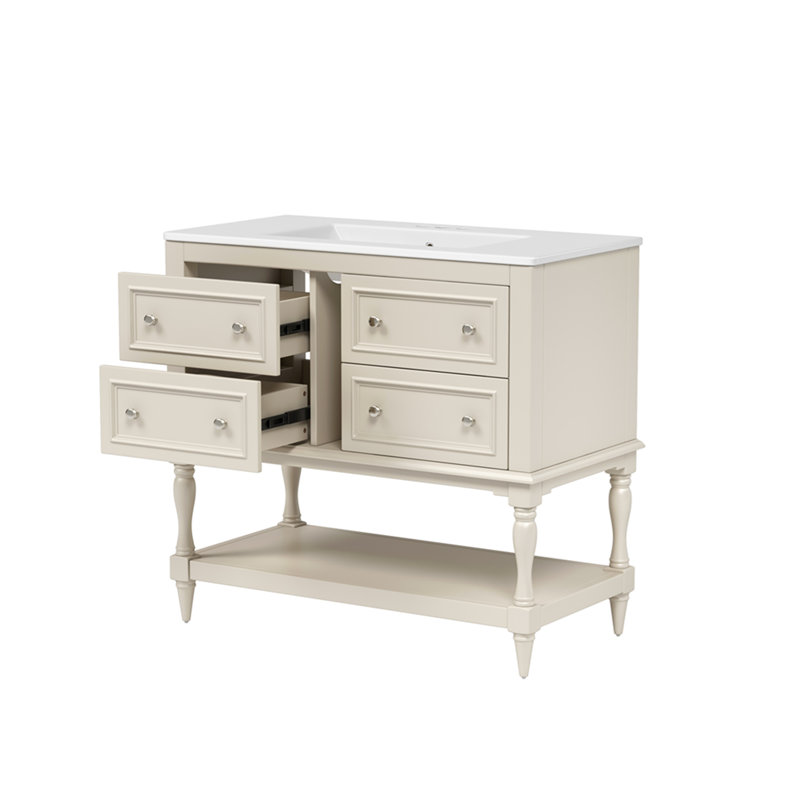 Ensemble de meuble-lavabo 36 po avec lavabo 36 po, lavabo en céramique encastré, ensemble de meuble-lavabo autoportant avec 4 tiroirs, armoire de salle de bain avec cadre en bois massif, beige