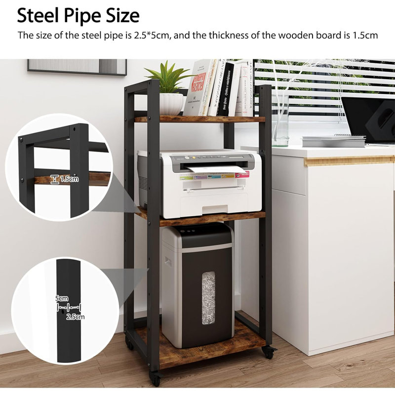 Black 3-Tier Adjustable Printer Stand with Storage Shelves