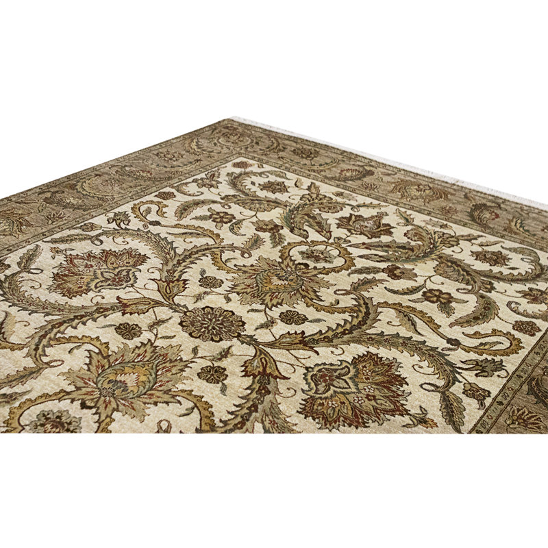Hand Knotted Area Rug, Cream And Camel, Rectangle 12'1" x 9'1"