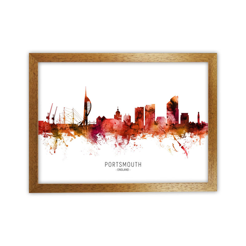 Portsmouth England Skyline Red City Name by Michael Tompsett - Print, Oak Framed, 34cm H x 46cm W x 3cm D
