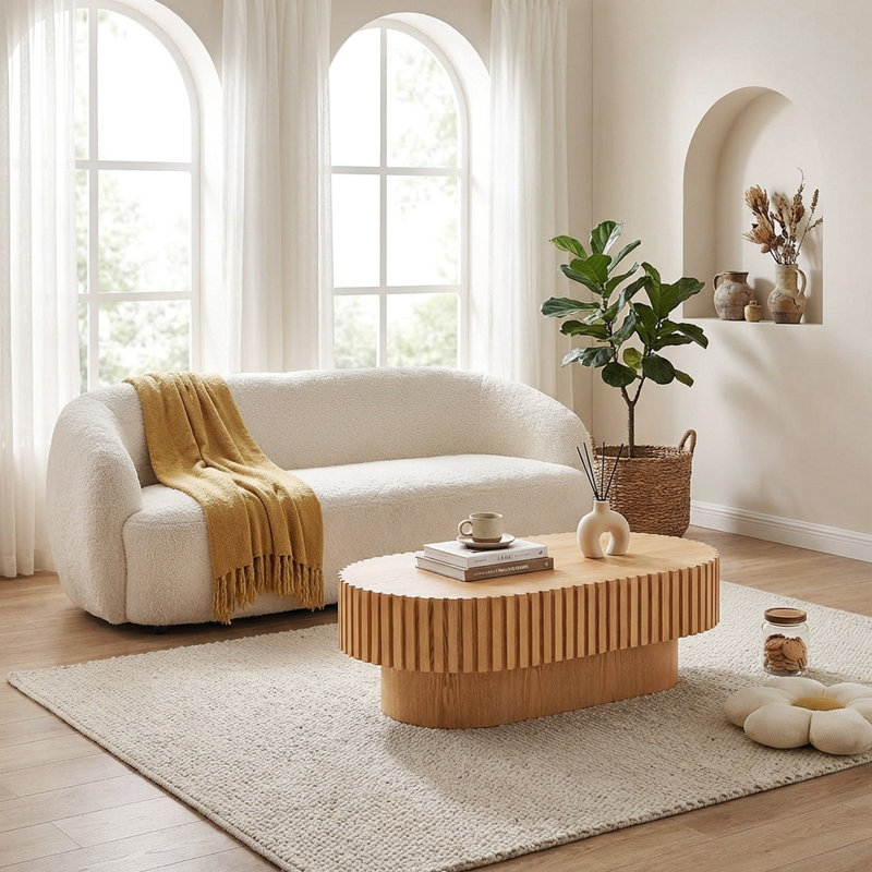Oval Coffee Table,Mid Century Modern Fluted Coffee Table with Pedestal, Classic Wood Coffee Table for Living Room, Bedroom, Apartment, Office, Small Space, 43.1"