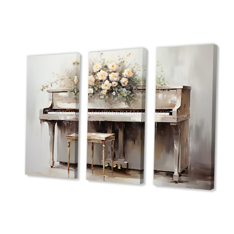 Blanc, piano floral intemporel - musique, art mural, Toile tendue, H 28 po x l 36 po