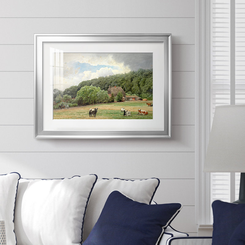 Paysage avec vaches et une ferme - Hans Gude - reproduction encadrée avec passe-partout et verre-c. Fin du 19e siècle, Argent