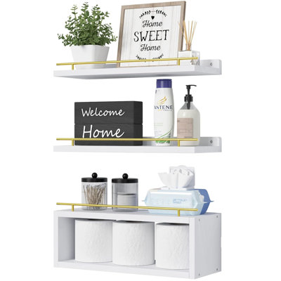 Floating Shelves, 3 Pcs, White/gold