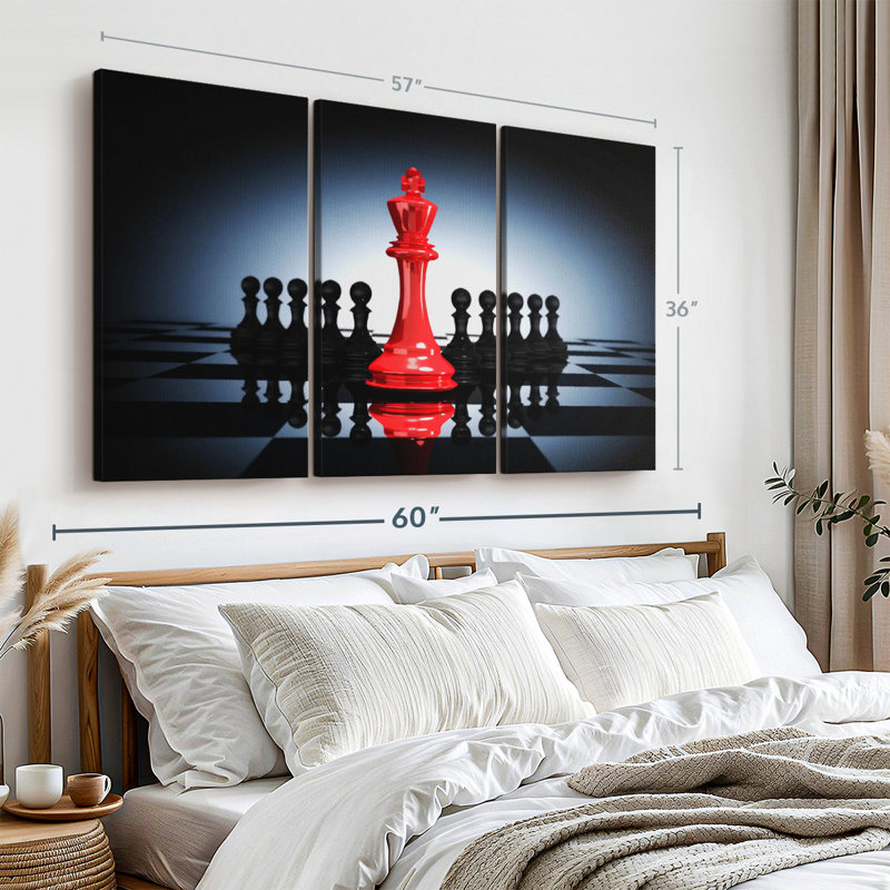 «Chess Red King», 3 pièces sur toile, H 36 po x l 57 po x P 1,25 po