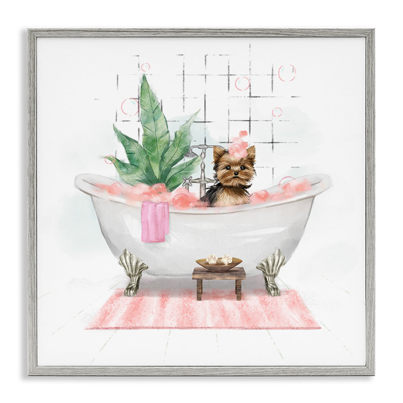 «Chic Yorkie» dans un bain moussant rose, estampe numérique encadrée de Ziwei Li, H 24 po x l 24 po 