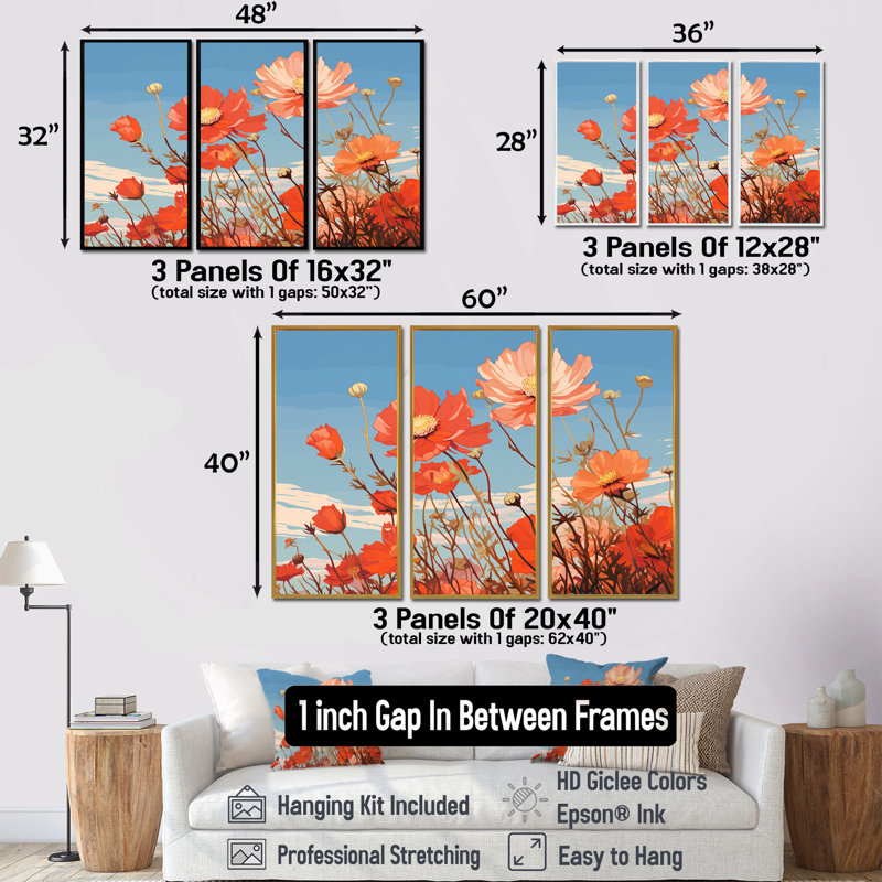 Visconti - ensemble d'art mural coquelicot, Cadre flottant doré, H 32 po x l 48 po x P 1 po