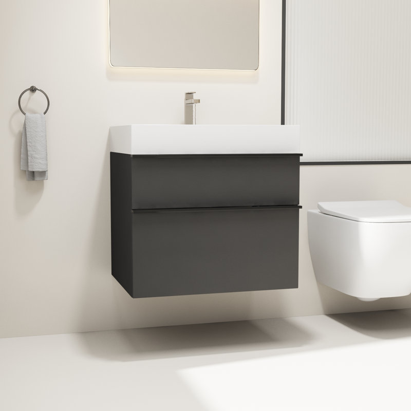 Ensemble de meuble-lavabo mural simple 24 po avec lavabo en acrylique 24 po avec lavabo en acrylique, 2 tiroirs à fermeture en douceur, fini mat doux, pré-assemblé, noir