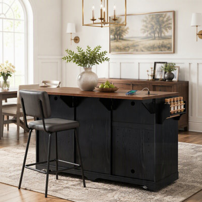 Farmhouse Kitchen Island with Fridge Storage, Power Outlet, and Rolling Coffee Bar Cabinet on Wheels, Featuring 4 Drawers, Sliding Barn Door, and Drop