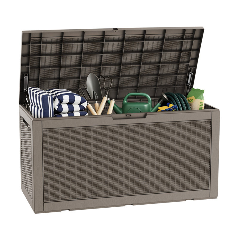 100 Gallon Rattan-style Lockable Deck Box, Water Resistant Resin, Brown