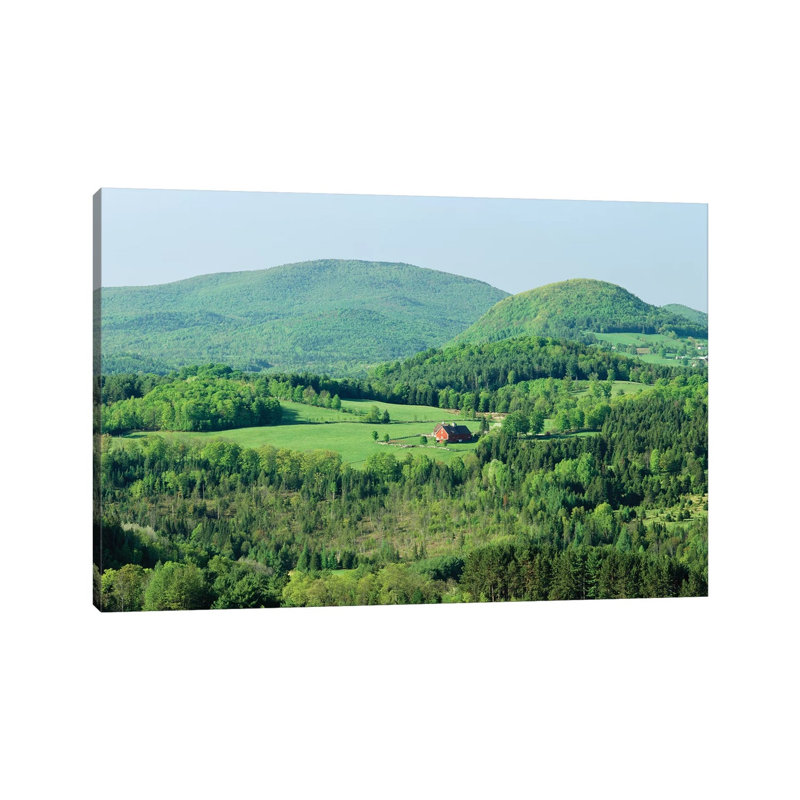 High Angle View Of A Barn In A Field Surrounded By A Forest, Peacham, Caledonia County, Vermont, USA - Wrapped Canvas Print