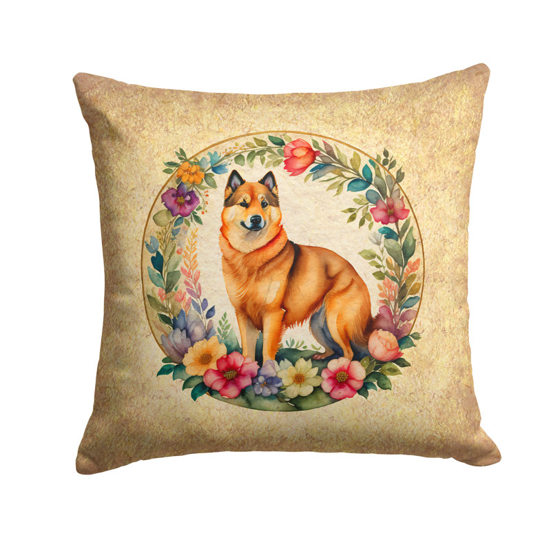 Coussin décoratif en tissu Finnish Spitz and Flowers, H 18 po x l 18 po x P 4 po
