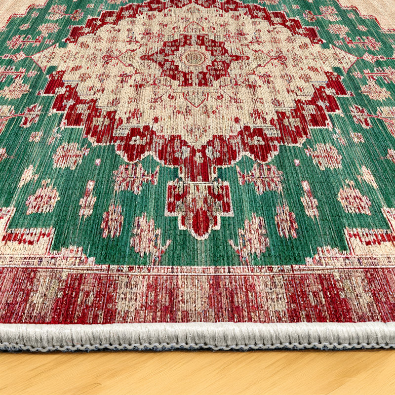 Otto Burgundy Green Beige Oriental Machine Printed Cotton Polyester Area Rug, Round 6'7"