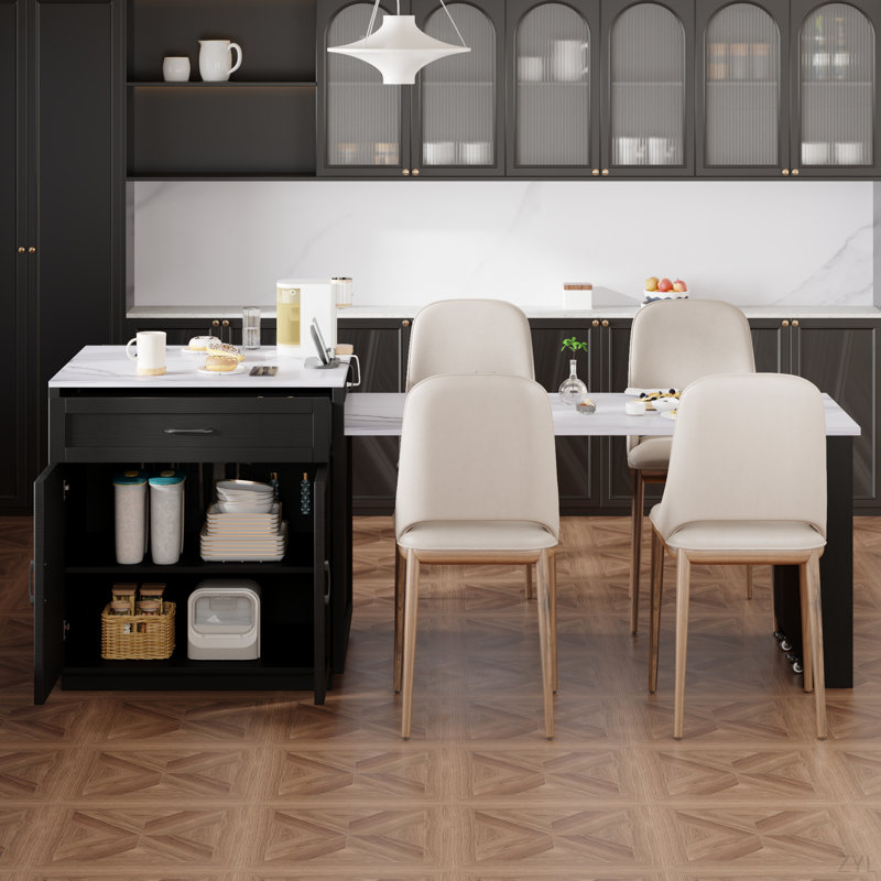 Faux Mable Kitchen Table with Double-sized Storage, Black