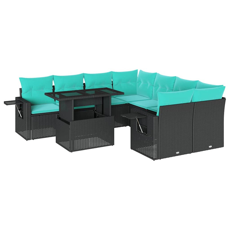 Ensemble de canapé de patio 9 pièces avec coussins en rotin de polyester, Bleu clair, Noir