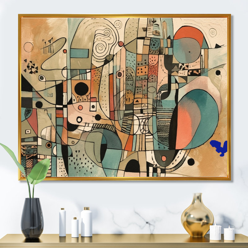 «Golden Mid Century Boho», art mural abstrait minimalisme, H 16 po x l 32 po, Reproduction avec cadre flottant, Doré