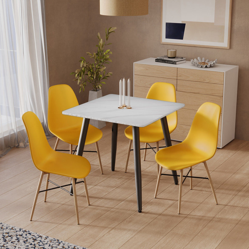 4 -Person Dining Set, White Matt, Yellow