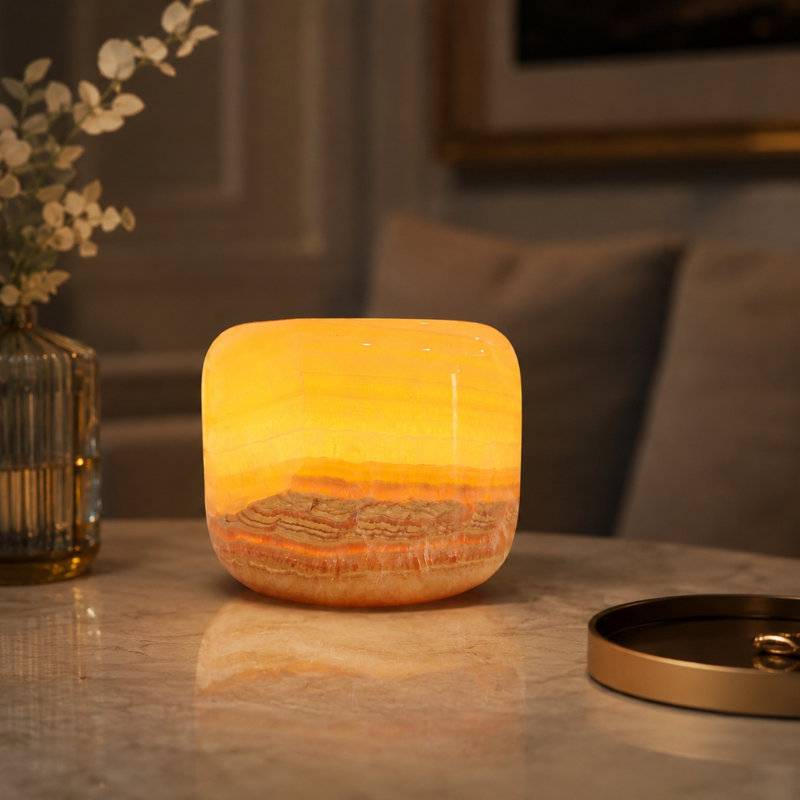Lampe de table cylindrique en marbre de jade ambre naturel, veilleuse à DEL à intensité variable à 3 niveaux, lampe de chevet en pierre de jade rechargeable USB-C, lampe d'ambiance sans fil portable pour une utilisation intérieure et extérieure