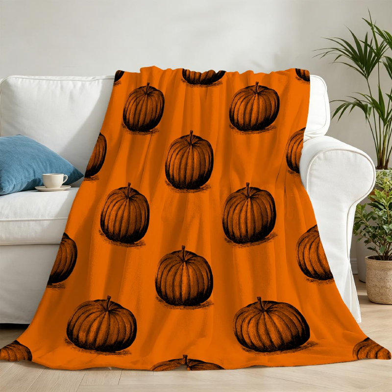 Jeté en molleton orange ultra doux en flanelle, motif citrouille sur un seul côté, Jeté 50 po x 60 po